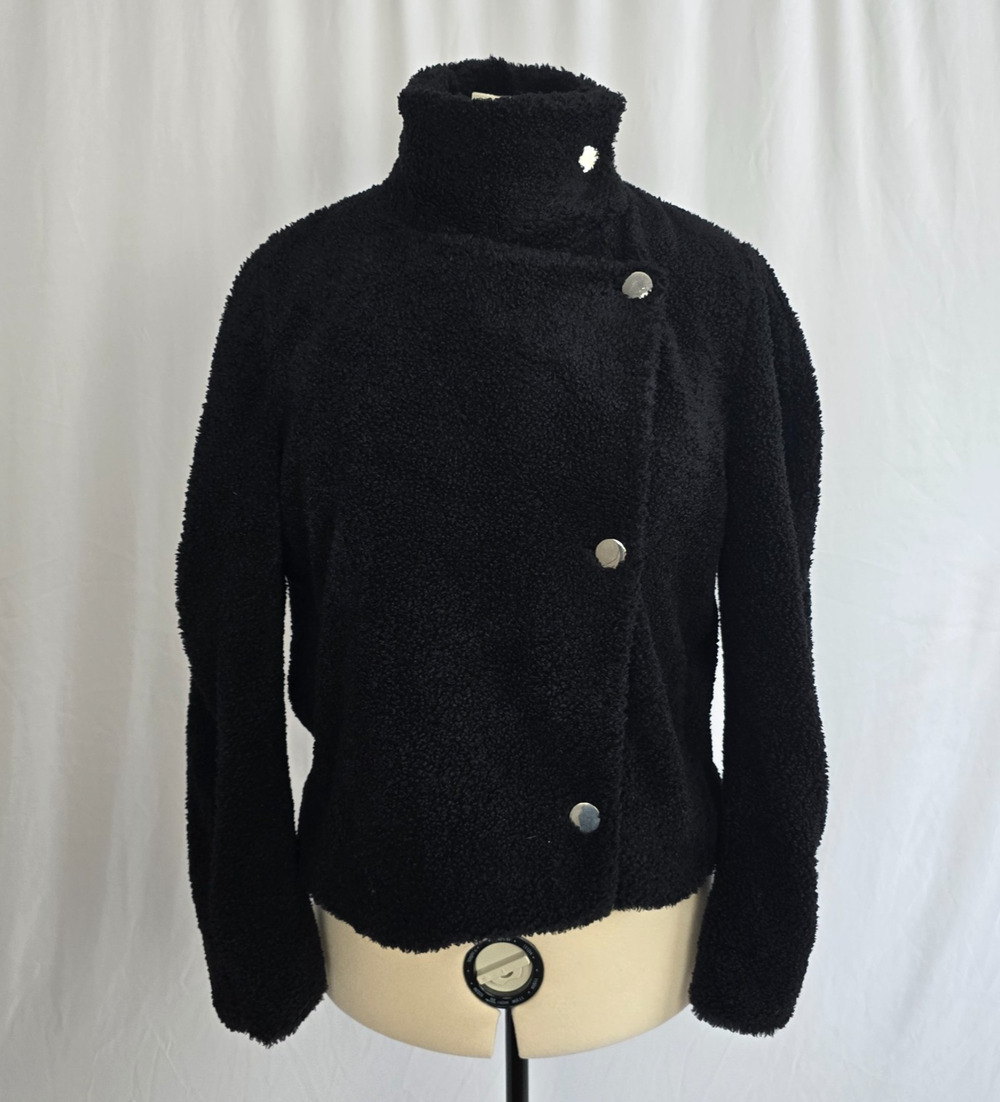INC International Concepts Sherpa Jacket Women's L Black Wrap Button Crop NWT